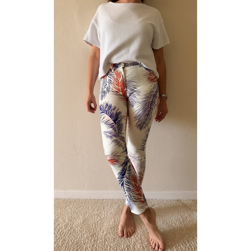 Emilio Pucci Feather Print Stretch Ankle Pants Skinny Multicolor Women IT 38‎